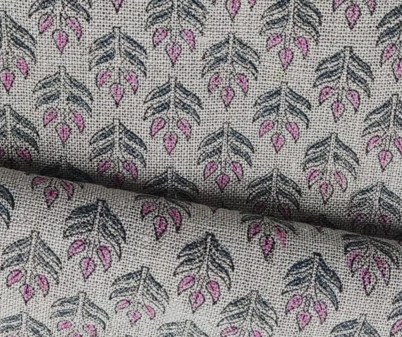 Linen Block Print Fabric 58 Inch Width Heavy Linen Natural Base Color Handmade Print To Make Curtains and Drapes Upholstery Pillow Covers Tablecloths and Runners Bedding Tote Bag