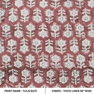 block print thick linen 58" wide , red floral printed, indian cushion cover, linen by yard, sofa and table cover - Tulsi Buti