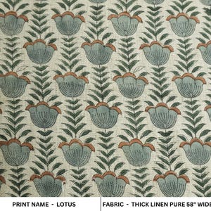 Heavyweight Linen Fabric by Yard, Floral Hand Block Print Curtain Fabric, Upholstery, Tablecloth & Home Decor Fabric - LOTUS