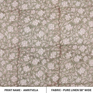 Block print pure linen 58&quot;W fabric, handmade pillow fabric, linen fabric, window curtains, hand block print  -AMRITVELA