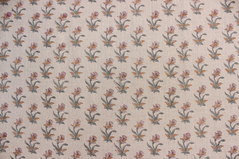 Handcrafted pure  linen fabric with floral prints for napkin and pillow styling, Block printed floral linen, pure Indian fabric for couch and window treatments, Indian pure linen fabric, floral design for table decor and sofa cushion covers
