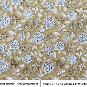 Hand Made Block Print Pure Linen White 58" Wide Indian Cushion Cover Fabric By Yard Decorative Curtain - RAMESHWARAM