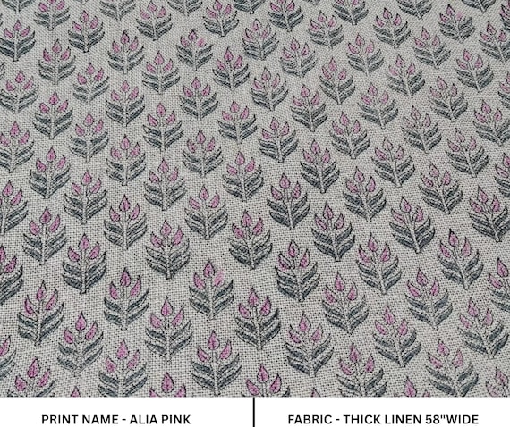Block Print Fabric, home decor Linen, Linen by yard ,Thick Linen perfect for cushion cover, Indian fabric - ALIA PINK