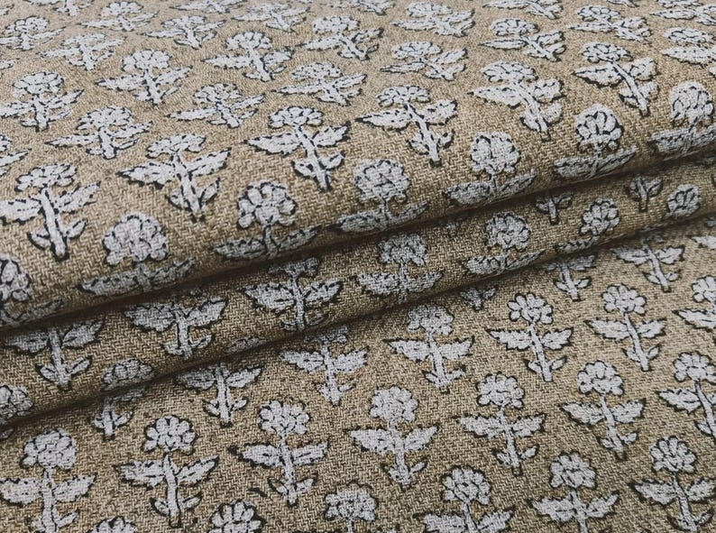 Linen Block Print Fabric 58 Inch Width Heavy Weight Linen Natural Base Color Curtains and Drapes Upholstery Art Pillow Covers Tablecloths and Runners Bedding Tote Bag Lampshades Napkins by Fabritual