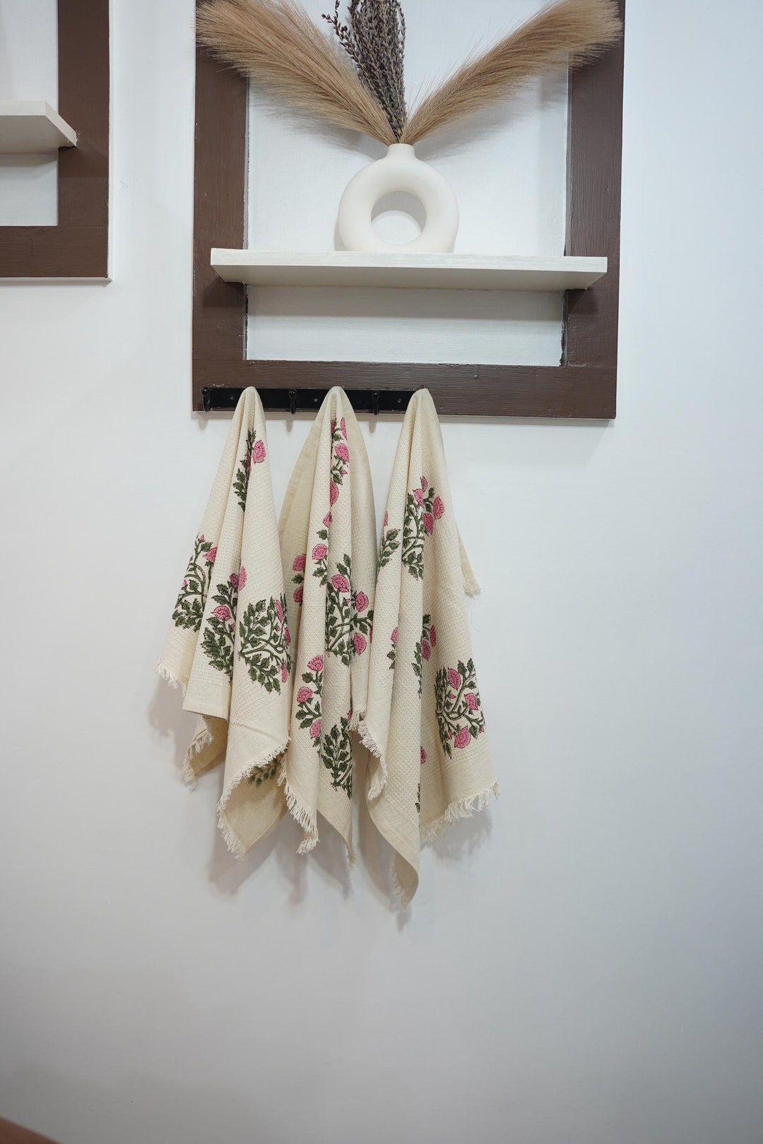 Block print waffle hand towel, floral print hand towel, organic cotton hand towel, set of towels, tea towel, kitchen towels - MEHAR - Set of 4