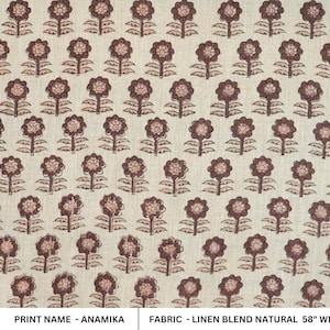 Floral print fabric, hand block print, linen blend natural, tablecloth, napkins and curtain linen, decorative pillow fabric - ANAMIKA