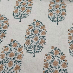 Pure linen 58&quot; wide, brown gray floral block print linen fabric, cushion Pillow fabric, upholstery home decor boho fabric, hand block, VIRAT