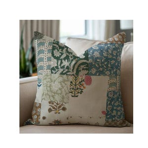 Beautiful patchwork linen printed cushion cover, farmhouse pillow cover, cushion cover for living room, printed pillowcase - FABRITUAL