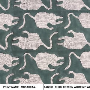 Thick cotton white 63&quot; wide, handmade block print fabric, Cushion cover, block print green, pillow cover, Hand block fabric - MUSHKRAAJ
