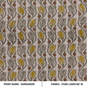 Linen block print pure linen 58" wide, fabric cushions and pillowcase, Indian block fabric, upholstery linen - KERSANGRI