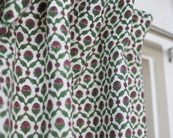 Pinch Pleat Curtains | Boho Green Hand Block Print Linen Fabric for Rustic Home Decor | SHENAJ