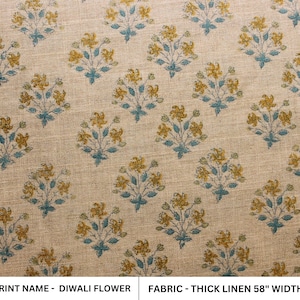 Thick Linen 58&quot; Wide, Hand Block Print, Indian Cushion Cover, Windowpane, Modern Fabric, Pillow Cover - Diwali Flower