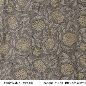Thick Linen 58" Wide Block Print Fabric, Indian Cushion Cover, Throw Pillow cover, Floral Print, Upholstery fabric print - Meraki Yellow image 1