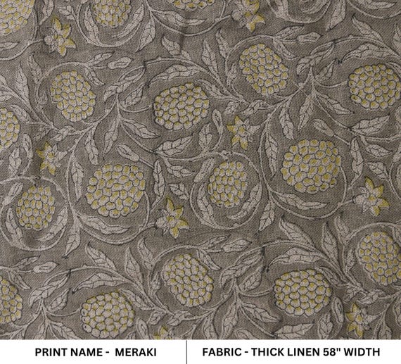 Thick Linen 58" Wide Block Print Fabric, Indian Cushion Cover, Throw Pillow cover, Floral Print, Upholstery  fabric print - Meraki Yellow