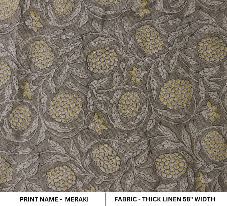 Thick Linen 58" Wide Block Print Fabric, Indian Cushion Cover, Throw Pillow cover, Floral Print, Upholstery fabric print - Meraki Yellow image 1