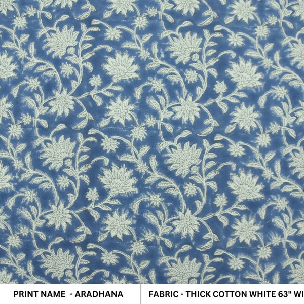 Floral block print, thick cotton white fabric, hand block print window curtains, pillow cover, Indian handmade textiles - ARADHANA