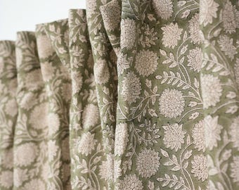 Cafe Curtains | Green Viscose Linen Drapery for Window Covering Hand Block Print | FAB - RAJAT