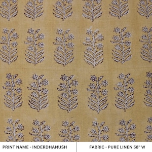 Floral hand block print, pure linen 58&quot; wide natural fabric, linen fabric for pillows, linen window curtains - INDERDHANUSH