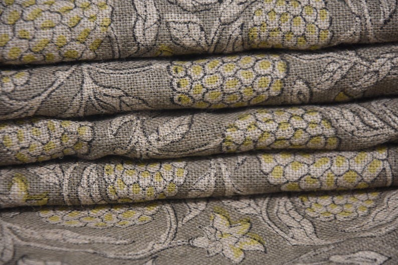 Thick Linen 58" Wide Block Print Fabric, Indian Cushion Cover, Throw Pillow cover, Floral Print, Upholstery fabric print - Meraki Yellow image 4