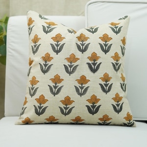 Block print cushion cover, designer floral pillow cover, printed handmade couch cover, linen blend natural Indian fabric pillow - TULIP