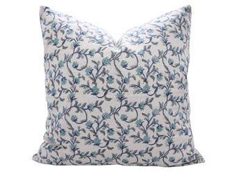 Linen Floral Decorative Cushion, Linen Fabric, Hand Block Print Pillow Cover For Couch, Fall And Spring Home Decor  -FAB-PUSHP VARSHA