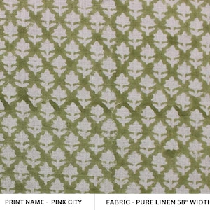 Puur linnen blokprint 58&quot; breed, handgemaakt, tafel- en bankhoes, Indiase kussenhoes, bloemen, groene stof - Pink City