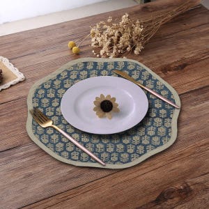 Fabric Placemats, Handblocked Placemats,  Dining Table Decor, Placemats and Tablemats Set, Block Print Placemats Round - Tulsi Buti