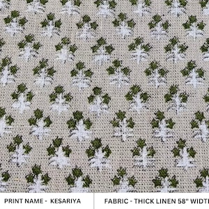 Handblokprint, dik linnen 58&quot; breed, handgemaakt, bloemen, Indiase stof, bank- en tafelhoes, kussensloop - Kesariya