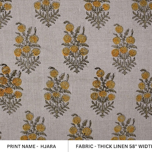 Block Print Thick Linen 58&quot; Wide, Natural Fabric, Floral, Indian Cushion Cover, Yellow Floral, decorative pillow - Hjara