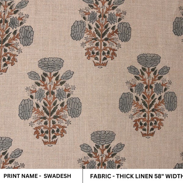 Thick Linen 58" Wide Indian Hand Block Floral Print Windowpane Hand Made Upholstery Home Decor Sofa Cover - SWADESH