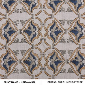 Block print pure linen fabric, window curtains, natural linen pillow and cushion cover, hand block print, linen fabric - HRIDYAVAN