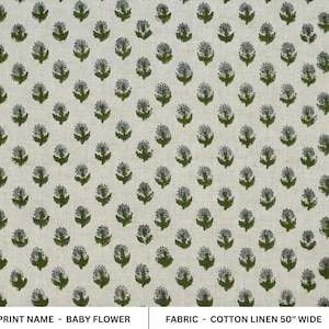 Green Floral Hand Block Print Linen | Handmade Textile for Curtains, Pillow Covers, Table Linen, Napkins & Apparel Fabric - BABY FLOWER