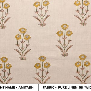 AMITABH FLOWER - Best Floral Hand Block Print Fabric - Natural Linen 58"inch Wide - Strong/durable  200 GSM -  By The Yard Linen