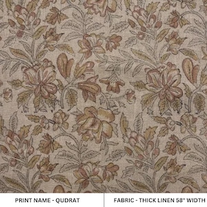 Tissu en lin épais imprimé bloc 58 po. de large, coussin floral indien, oreiller, canapé et nappe en tissu - BRUN QUDRAT