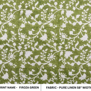 Blokprint puur linnen 58&quot; breed, handgeweven Indiase stof, bloemenkussenprint, bekleding, linnen op maat gesneden - Firoza Green