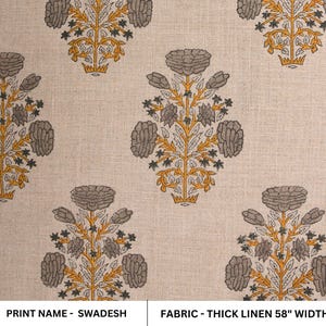 Indian hand block, thick linen 58&quot; wide, hand made mustard floral print, upholstery curtain, table and sofa cover - SWADESH