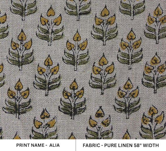 Pure Linen 58" Wide | Handmade Indian Block Print Floral Fabric for Cushion Covers, Sofa & Table Decor - ALIA