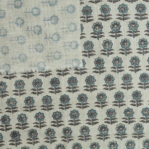 Teal blue with brown floral block print hand block print fabric, Indian block print, fabric for curtain, tablecloth, viscose linen - ANAMIKA image 5