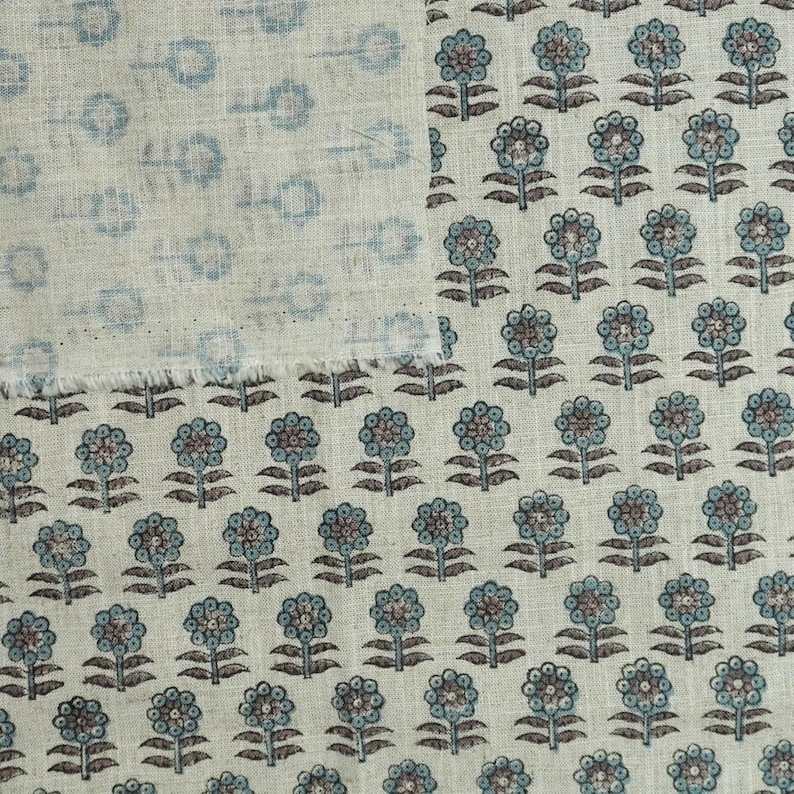Teal blue with brown floral block print hand block print fabric, Indian block print, fabric for curtain, tablecloth, viscose linen - ANAMIKA image 5