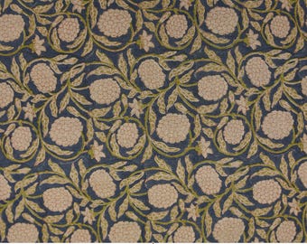May include: A blue fabric with a white floral pattern. The fabric is called "Meraki" and is made of thick linen that is 58 inches wide.