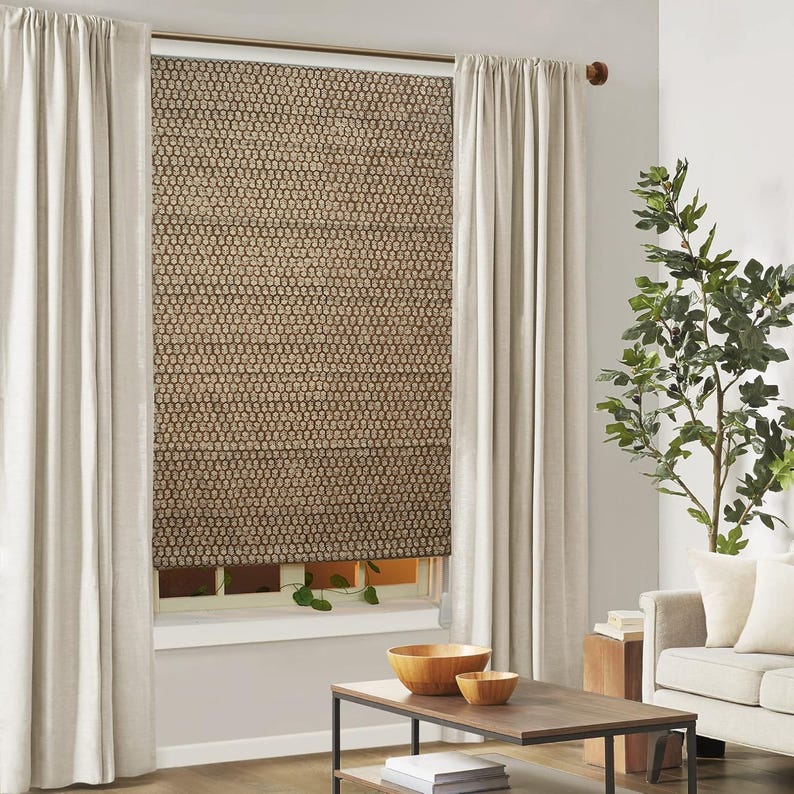 Roman Shade Block Print Linen Window Kitchen Treatments Blackout/white