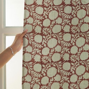 Blackout Curtains | Red Floral Linen Block Print Drapery for Bedroom Windows | RAJAT