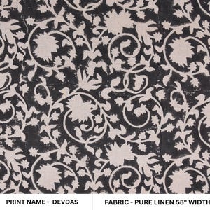 Block print pure linen fabric 58" Wide, Indian floral fabric, linen by yard, upholstery linen pillow covers - DEVDAS