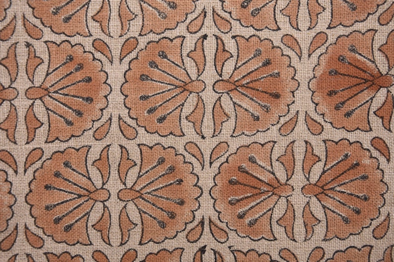 Linen Block Print Fabric 58 Inch Width Heavy Weight Linen Natural Base Color Curtains and Drapes Upholstery Handmade Art Pillow Covers Tablecloths and Runners Bedding Tote Bag Lampshades Napkins by Fabritual