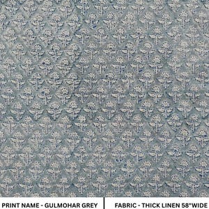 GULMOHAR || Heavy Weight Thick Linen | Pure Linen By the Yard | Cushion Fabric | Best Selling | Blue Grey floral upholstery | Hand BLock