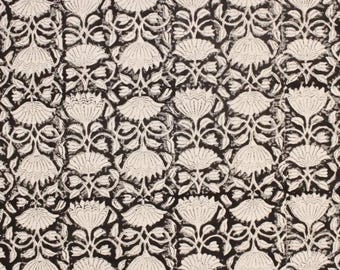 Block Print Fabric By The Yard , Floral Black Beige Base Fabric , Indian Block Printed Fabrics , Fabric , Block print - FAB-ULTA KAMAL