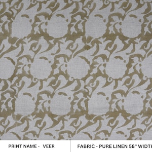 Pure Linen 58" Wide, block print fabric, upholstery, Modern fabric, Linen by yard, Home decor Handloom Linen - Zircon