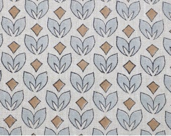 Floral Block Print Thick Linen Fabric, Blue Flower Upholstery, 58" Wide- Titlee