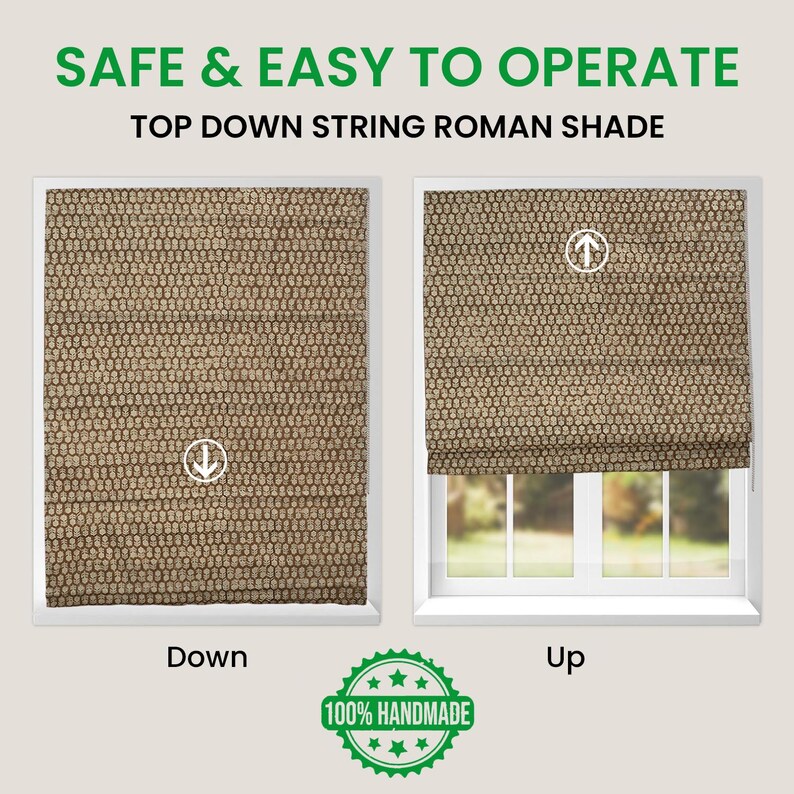 Roman Shade Block Print Linen Window Kitchen Treatments Blackout/white