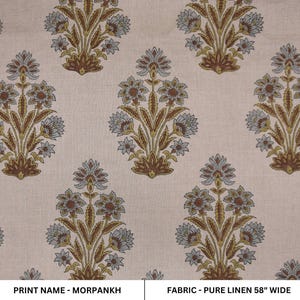 Pure linen 58" wide block print fabric, upholstery chair cover, natural soft fabric for cushions, pillows and tablecloth - MORPANKH